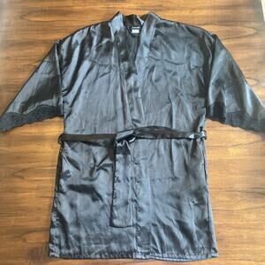 Fredericks of Hollywood Short Black Satin Robe Women's Size Sm Kimono Lace Trim